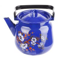 Миниатюра: Чайник эм. 3,5л, эм. крышка с петлей, сферический, деколь микс, цвет кобальт (синий)