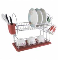 Миниатюра: Сушилка для посуды хром, полипропилен 50*23,5*33см, 2 уровня, подставка для ст. приборов, красная @