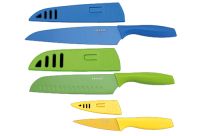 Миниатюра: Набор ножей нерж. 3пр (поварской, сантоку, нож для овощей), пласт. ручки и чехлы, цветные (6)