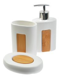 Миниатюра: Набор для ванной комнаты керамика 3пр (дозатор для мыла, мыльница, стакан), белый с дер. вставкой