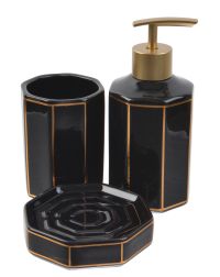 Миниатюра: Набор для ванной комнаты керамика 3пр (дозатор для мыла, мыльница, стакан), черно-золотой
