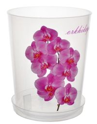 Миниатюра: Горшок для цветов пласт. 1,8л (135*135*148мм), для орхидеи с поддоном, прозрачный с декором (30)