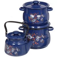 Миниатюра: Набор посуды эм. 3пр (кастрюли 4л, 5,5л; чайник 2,3л), эм. крышки, декор Цветение №14 цвет кобальт