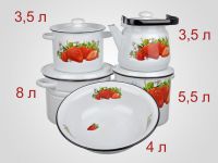 Миниатюра: Набор посуды эм. №24 5шт кастрюли 3шт; чайник; миска деколь Клубника садовая, белый (1)
