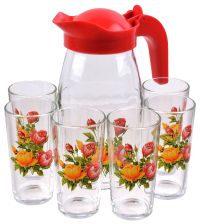 Миниатюра: Набор для воды 7пр (кувшин с крышкой, 6 стаканов) стекло Роза
