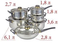 Миниатюра: Набор посуды нерж. 6шт (ковш 1,8л; кастрюли 1,8л; 2,7л; 3,6л; 6,1л; сковорода 240мм), ст. крышки