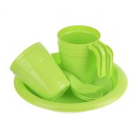 Миниатюра: Набор посуды пласт. на 2 персоны 12пр (кружки, стаканы, тарелки, вилки, ложки), Дачный МИКС сетка