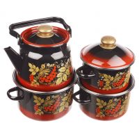 Миниатюра: Набор посуды эм. 4пр (кастрюли 2л, 3л, 4л; чайник 3,5л), эм. крышки, деколь Рябина красно-черный