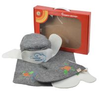 Миниатюра: Комплект для бани полушерсть 4пр (шапка, 2 рукавицы, коврик) С легким паром! в упаковке