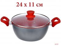 Миниатюра: Кастрюля ал. 4,6л (24см), ст. крышка мрамор. а/п красные силикон ручки индукция "MercuryHaus" серая