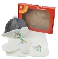 Миниатюра: Комплект для бани полушерсть 3пр (шапка, коврик, рукавица) Поддай парку в упаковке