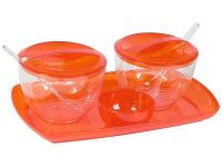 Миниатюра: Набор для специй пласт. 3пр (2 емкости с ложечками;пиала) на подносе FRESH оранжевый (10)