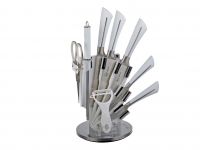 Миниатюра: Набор ножей нерж. 8пр (5 ножей, мусат, ножницы, овощечистка) на подставке, белые ручки Rainstahl