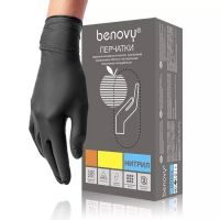 Миниатюра: Перчатки нитриловые размер S, текстура на пальцах "BENOVY" черные коробка 50 пар