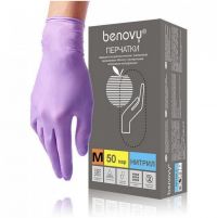 Миниатюра: Перчатки нитриловые размер M, текстура на пальцах BENOVY сиреневые коробка 50 пар