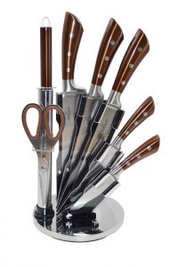 Миниатюра: Набор ножей нерж. 7пр (5 ножей, мусат, ножницы) на мет. подставке, коричневые ручки Bohmann