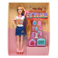 Миниатюра: Кукла шарнирная с длинными разноцветными волосами + питомец + аксессуары 33*25см коробка 0128-1