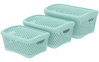 Миниатюра: Набор корзинок для хранения пласт. 3шт (340*250*170мм), пласт. крышка Ромбики цвет мятный (38)