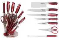 Миниатюра: Набор ножей 8пр (5 нерж. ножей,мусат,ножницы,овощечистка), на акрил. подставке, красные ручки