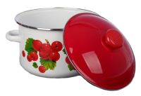 Миниатюра: Кастрюля эм. 4л, эм. крышка вишневая с пласт. кнопкой, цилиндр с ободком Калина красная белая