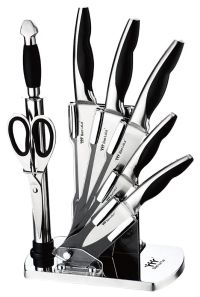 Миниатюра: Набор ножей 7пр (4 нерж. ножа, нож-топор, мусат, ножницы), на акрил. подставке, черные ручки