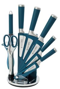 Миниатюра: Набор ножей 8пр (4 нерж. ножа, нож-топорик, овощечистка, ножницы, мусат) на подставке, синие ручки