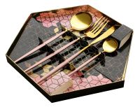 Миниатюра: Набор столовых приборов нерж. 4пр (вилка, ложки, нож), розовые матовые ручки Эстетика цвет золото