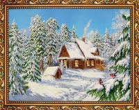 Миниатюра: Картина 30*40см багет Домик в снежном лесу@