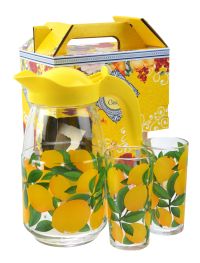 Миниатюра: Набор для воды 3пр (кувшин с крышкой, 2 стакана) стекло Лимоны