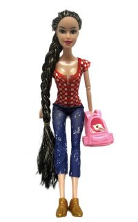 Миниатюра: Кукла (шарнирная) с длинной косой в брючках + переноска с питомцем 31*12см пакет 01-8