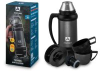 Миниатюра: Термос нерж. 1л, узкое горло, вакуум. стенки, 2 крышки-чашки, ручка Арктика Шторм черный