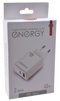 Миниатюра: Зарядное устройство сетевое 2в1, 45 Вт, 1*Type-C, 1*USB, 3А, 5В ENERGY (ET-42 PRO) белое