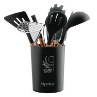 Миниатюра: Набор кухонных принадлежностей силикон, нерж. 11пр на пласт. подставке, дер. ручки ALPENKOK черный