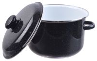 Миниатюра: Кастрюля эм. 4л, эм. крышка с пласт. кнопкой, цилиндр с ободком, белая внутри, цвет черн. рябчик (8)