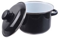 Миниатюра: Кастрюля эм. 2л, эм. крышка с пласт. кнопкой, цилиндр с ободком, белая внутри, цвет черн. рябчик (8)