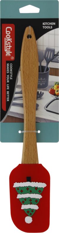 Миниатюра: Лопатка кулинарная силикон 25,6*5,3см, дер. ручка Новогодняя ель