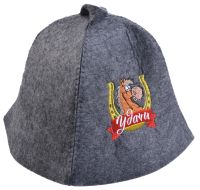 Миниатюра: Шапка для бани экофетр Удачи (лошадь и подкова) серая Символ года 2026