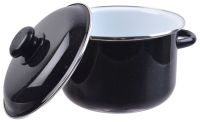 Миниатюра: Кастрюля эм. 3л, эм. крышка с пласт. кнопкой, цилиндр с ободком, белая внутри, цвет черн. рябчик (6)