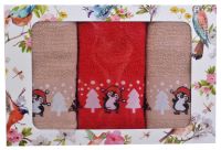 Миниатюра: Набор полотенец 3шт Пингвинчики 30*60см в коробке (2крем+1кр)