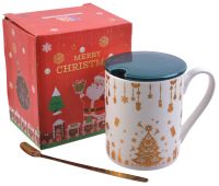 Миниатюра: Кружка новогодняя с крышкой, ложка 300мл,керамика