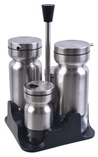 Миниатюра: Набор для специй нерж. стекло 4пр (солонка, перечница, уксус) на пласт. подставке@