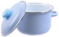 Миниатюра: Кастрюля эм. 3л, эм. крышка с пласт. кнопкой, цилиндр с ободком, белая внутри, цвет серо-голубой (6)
