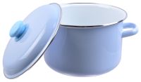 Миниатюра: Кастрюля эм. 5,5л, эм. крышка с пласт. кнопкой, цилиндр с ободком, белая внутри, цвет серо-голуб (4)