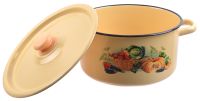 Миниатюра: Кастрюля эм. 5,5л, широкая, эм. крышка с пласт.кнопкой, деколь микс, палевая