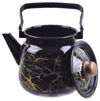 Миниатюра: Чайник эм. 3,5л, эм. крышка с пласт.кнопкой, сферический, деколь Мрамор золотой черный (4)