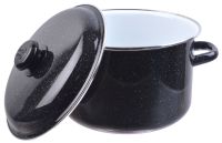 Миниатюра: Кастрюля эм. 5,5л, эм. крышка с пласт. кнопкой, цилиндр с ободком, белая внутри, цвет черн. рябч (4)