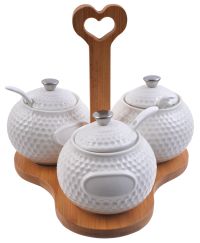 Миниатюра: Набор банок для специй 3шт на бамбук. подставке фарфор@