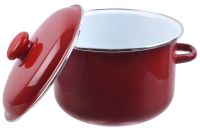 Миниатюра: Кастрюля эм. 4л, эм. крышка с пласт. кнопкой, цилиндр с ободком, белая внутри, цвет вишня (8)