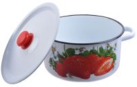 Миниатюра: Кастрюля эм. 5,5л, широкая, эм. крышка с пласт.кнопкой, деколь микс, белая