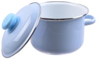 Миниатюра: Кастрюля эм. 2л, эм. крышка с пласт. кнопкой, цилиндр с ободком, белая внутри, цвет серо-голубой (8)